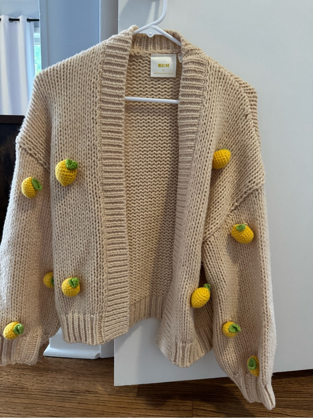Anthropologie Beige Chunky Cardigan with Yellow Pom Details